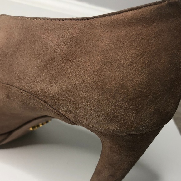 Prada Dark Tan Suede Elastic Ruched Strappy Heels - Picture 16 of 16